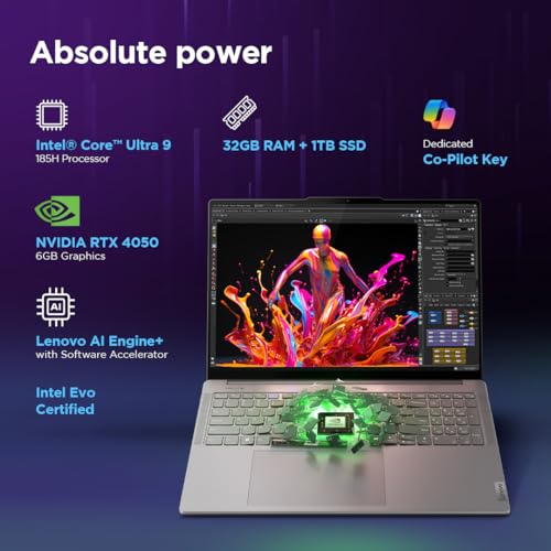 Lenovo Yoga Pro 9 Intel Evo Core Ultra 9 185H Built-in AI 16"(40.6cm) 3.2K IPS 165Hz Touchscreen Laptop (32GB/1TB SSD/NVIDIA RTX 4050 6GB/Win11/MSO 21/5.0MP+IR Cam/3 Mon GamePass/Grey/2Kg), 83DN004VIN