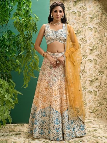 Zeel Clothing Women's Zari And Digital Print Work Art Silk Semi Stitched Lehenga Choli With Dupatta (5073-Multi-Womens-Lehenga-Choli-Latest; Free Size)