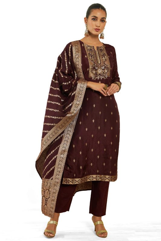 Soch Womens Maroon Silk Suit Set with Zari and Zardosi Embroidery