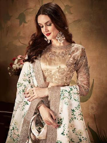 Zeel Clothing Organza Women's Digital Print & Heavy Embroidery Lace Semi Stitched Lehenga Choli With Dupatta (7027-White-Wedding-Stylish-Lehenga-Choli; Free Size)