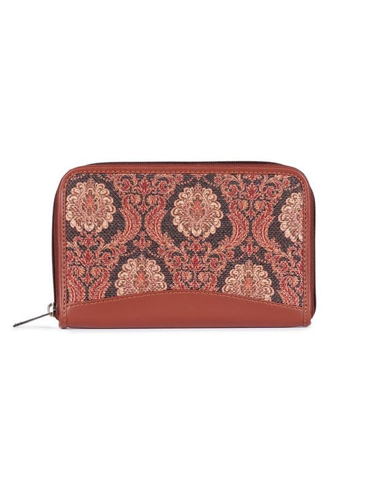 ZOUK Jodhpur Damask Motif Printed Women Jute Vegan Leather Brown Trendy Fashionable Ladies Hand Wallet/Purses