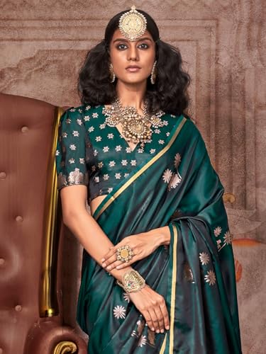 AKHILAM Women's Green Satin Silk Ethnic Motif Printed Saree With Unstitched Blouse (KNTHKLP397005_RJ)