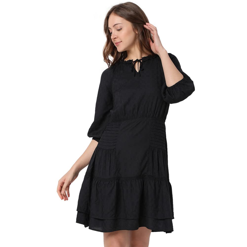 Vero Moda Women's Viscose Fit and Flare Above The Knee Dress (113255001-Jet Black_Jet XL)
