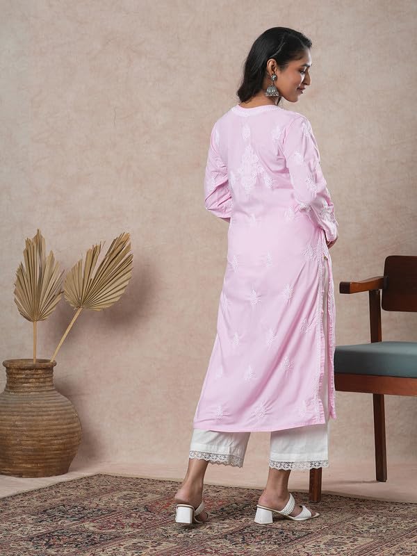 Ada Hand Embroidered Lucknowi Chikankari Cotton Kurta Kurti for Women A411687 Light Pink (4XL)