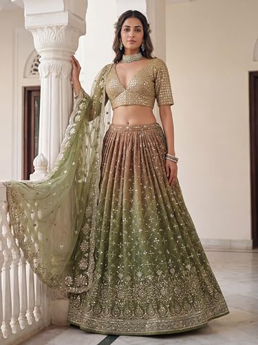 Zeel Clothing Women's Sequins Zari Embroidered Georgette Lehenga Choli With Dupatta (7086-Mahendi-Women-Lehenga-Choli, Free size) (Mahendi)