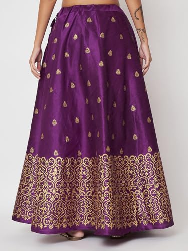 studio rasa Women's Dupion Hand Block Printed Bias Skirt for Wedding Festive Party (SKTC52403M_Purple_Medium)