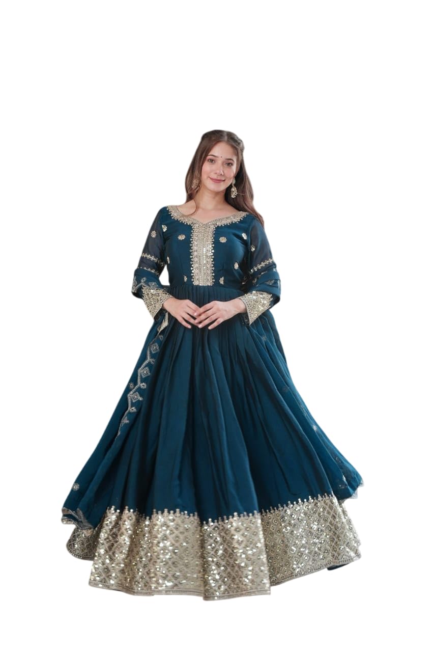 Women's Solid Embroidery Work Crush Silk Gown with Dupatta Long Sleeves and Round Neck Most Beautiful Havy Gown for Party | Wedding | Diwali |Any Occasion (in, Alpha, M, Regular, Women, Rama)