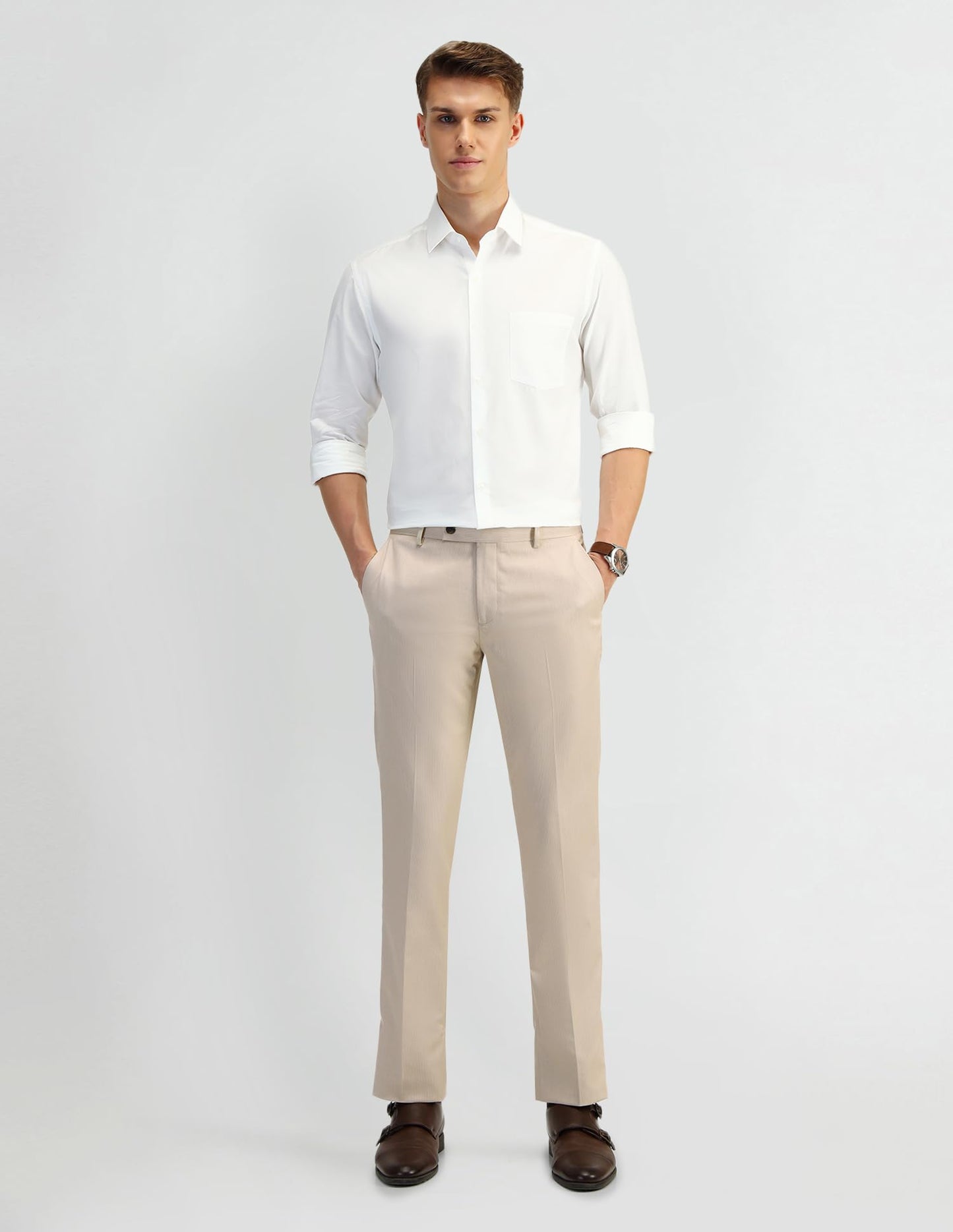Arrow Men's Beige Textured Mid Rise Polyester Button Tapered Fit Flat Front Slant Pocket Trousers (ARAEOTR1604_Beige_34)