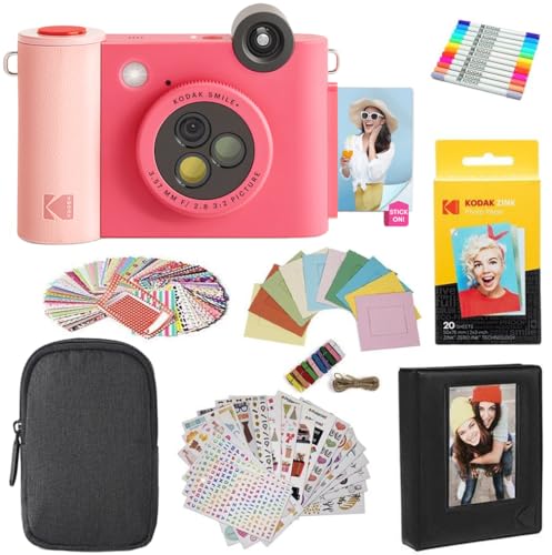 Kodak Smile+ 2-in-1 Digital Instant Print Camera & Printer Gift Bundle + Case + Zink 2x3 Sticky Back Photo Paper 20pk + Album + Sticker Sets + Sticker Frames + Hanging Frames + Markers - Fuchsia