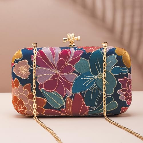 Artklim Blue Pink Floral Printed Fabric Clutch Bag for Women – Stylish Clutch Purse | Hand Clutches for Women | Bridal Clutches for Wedding Latest
