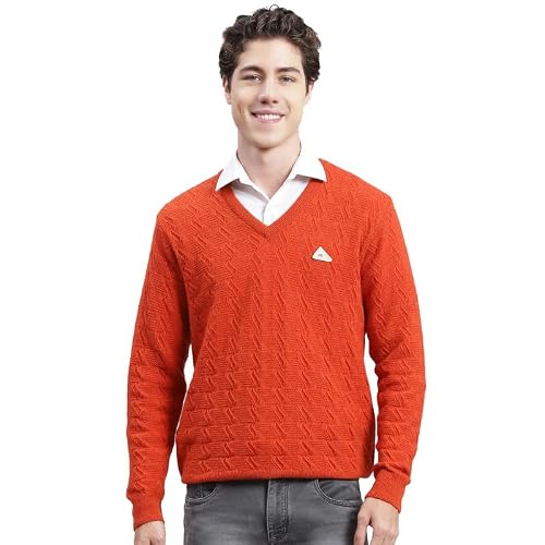 Monte Carlo Orange Mix Self Design V Neck Pullover
