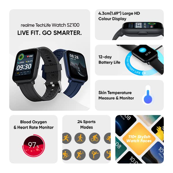 (Refurbished) realme Techlife Smart Watch SZ100 1.69" HD Display with SpO2, Heart Rate & Temperature Mon