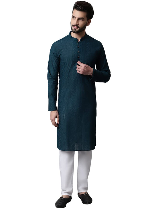 Jompers Men Teal Blue Embroidered Pure Cotton Kurta with Pyjamas (Teal, L)