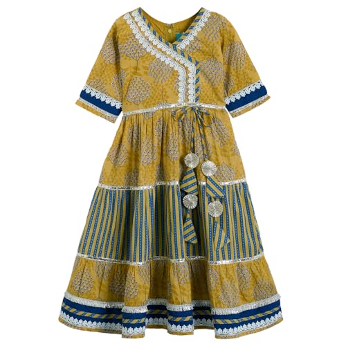Hopscotch Girls Mustard Full Sleeves Lace Embellished Cambric Dress for Age (4-5 Years)