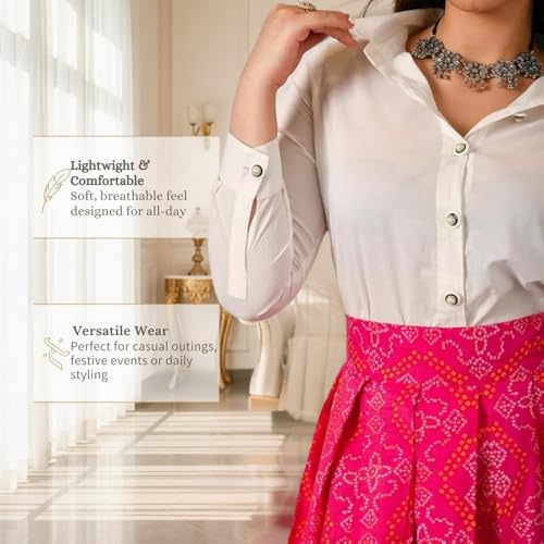 Aaheli Women’s Printed Bandhani Shirt and Skirt Set | Laasya Ethnic Co-Ord Set with Long Shirt and Flared Maxi Skirt | Traditional Festive Occasion Wear Outfit | White & Pink