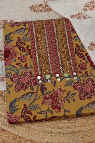Soch Womens Mustard Cotton Botanical Dress Material With Hand Embroidery and Mirror Work