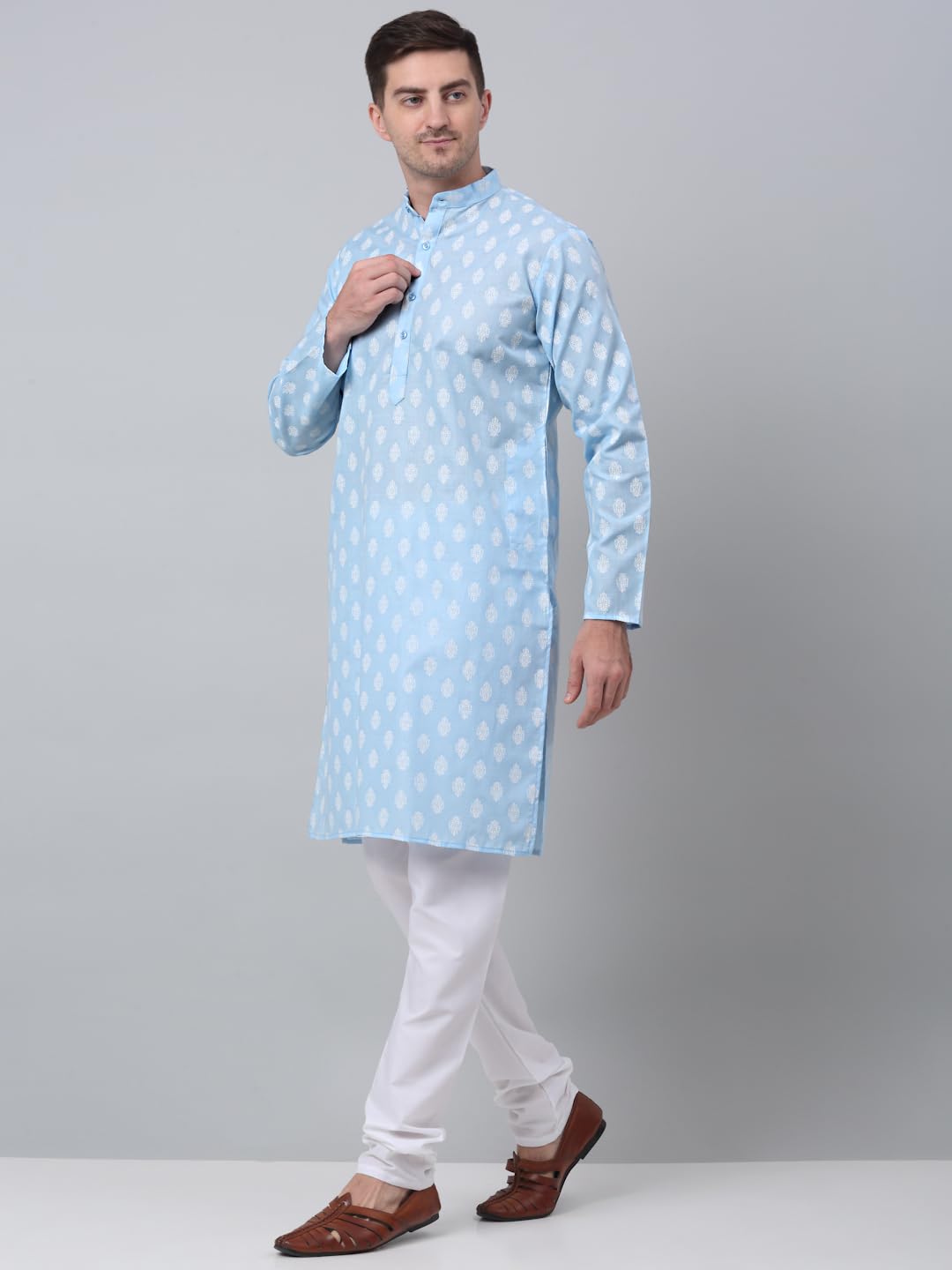 Jompers Floral Printed Kurta with Churidar for Men (Sky Blue, L)
