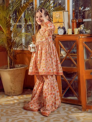 Naixa Girls Orange Rayon Round Neck 3/4 Sleeve Floral Printed Flared-Fit Kurta and Sharara with Dupatta Set | latest Floral Designer Printed Salwar Suits Set With Dupatta for Girls (SE40_5-6 Year)