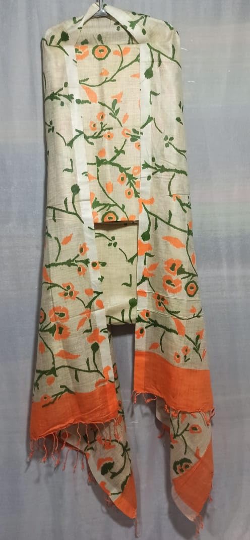 ZERATEX Women's Cotton Silk Handcrafted Screen Print Unstitched Salwar Suit Dress Material With Duputta (Orange)