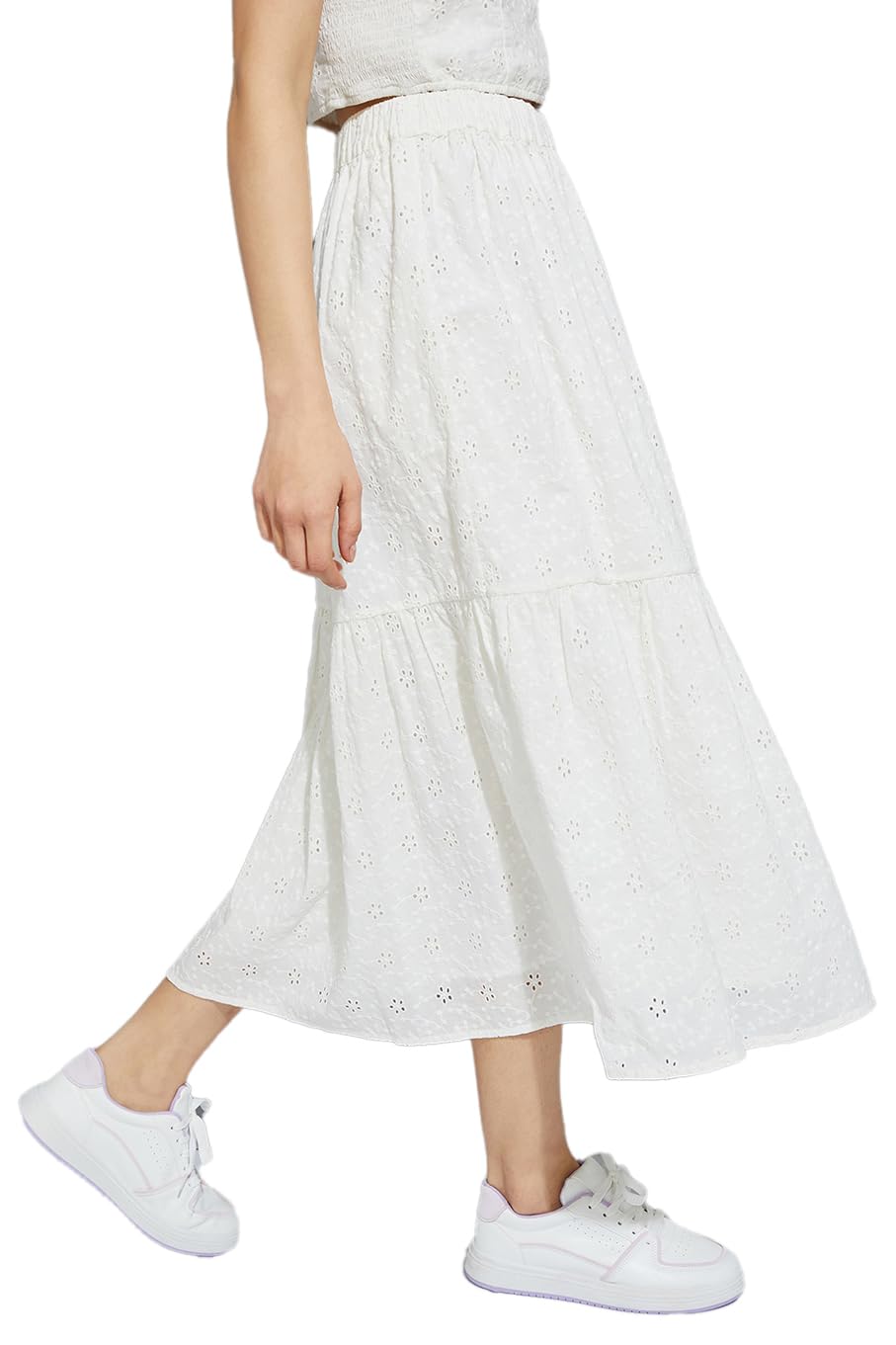 Max Cotton URB_N Women Schiffli Midi Skirt (VIVA06IVORY)_S, Small