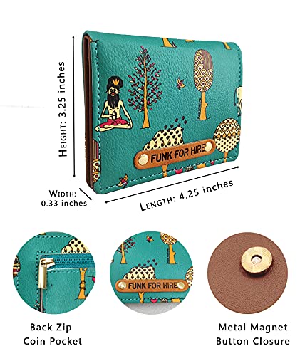Funk For Hire Teal Graphic Printed Leatherette Card Holder Wallet – Unisex, 6 Card Slots, Coin Pouch, Compact Bifold Design, Lightweight, Made in India