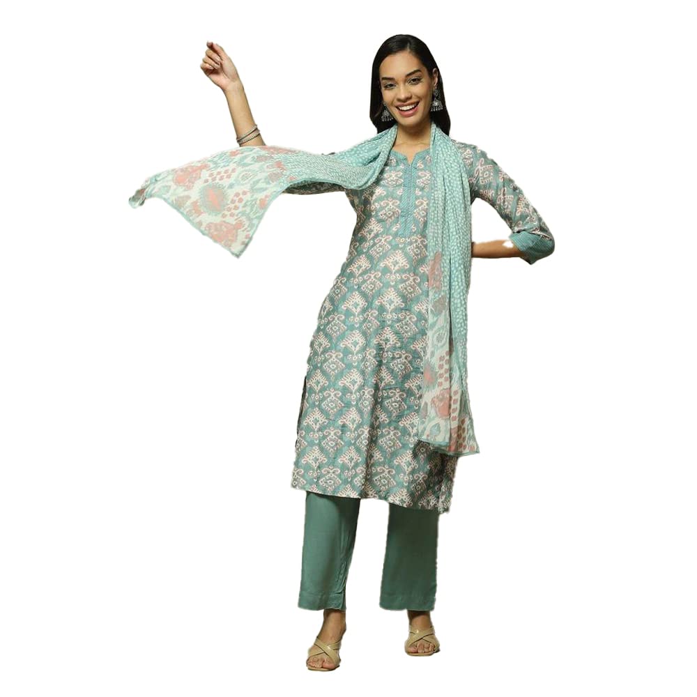 BIBA WOMEN PRINTED STRAIGHT SALWAR KURTA DUPATTA(SKDASSORTED8434_SEA GREEN_32)
