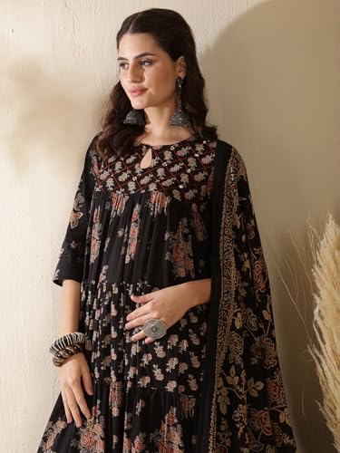 Kimayra Women's Cotton Calf Length Printed Key Hole Neck Tired Kurta Suit Set (KIM9026PC3BLACK_XL, Black)