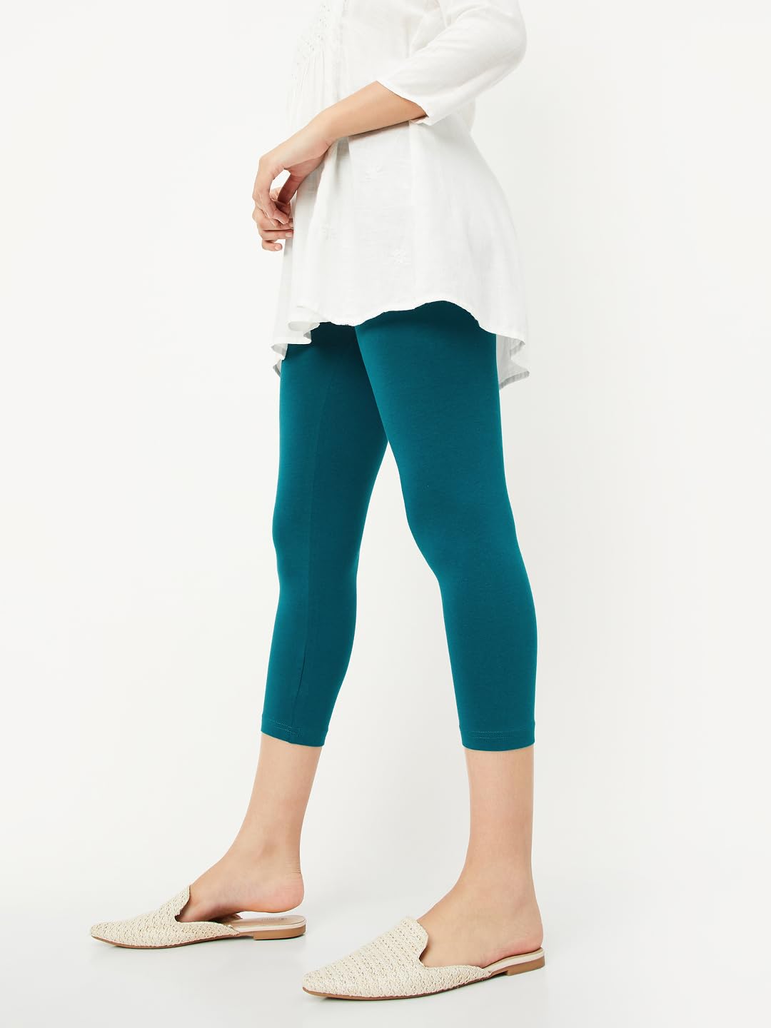 Max Women Solid Calf Length Leggings, Teal, S