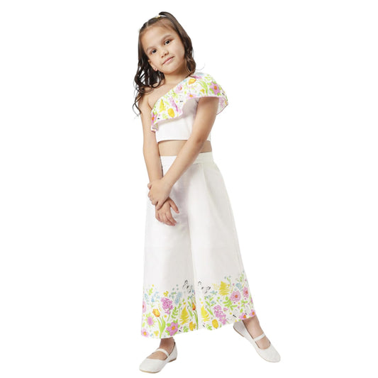 Nautinati Girls Floral Printed One Shoulder Top with Pants Set