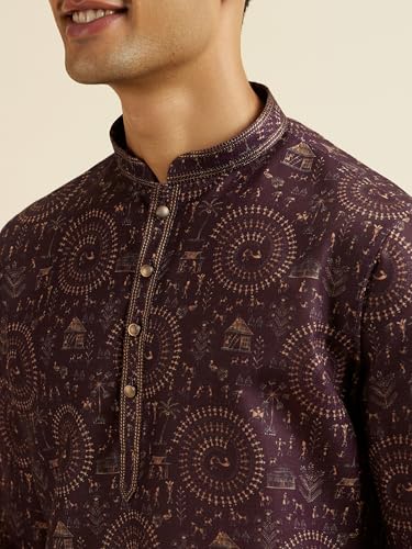 Manyavar Men's Viscose Blend Printed Short Kurta (Wine,L)
