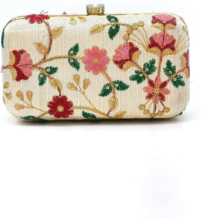 PINK TREASURE Gold Embroidered Clutch for Women | Floral Zari Work Box Clutch for Weddings & Parties | Elegant Handbag with Push Lock Closure | Ideal Gift Accessory (Cream)