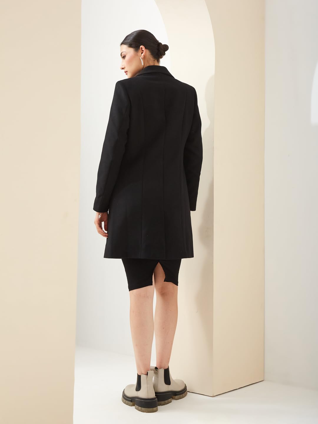 Latin Quarters Women Black Collared Full Sleeves Solid Casual Coat