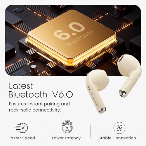 HAMMER Ultra Pods True Wireless Earbuds with in-Built Mic, 100H Standby Time, 1H Charging USB Type-C, 13mm Dynamic Drivers, 50H Playtime, BT v6.0 Connectivity, IPX5 Water Resistant (Beige)