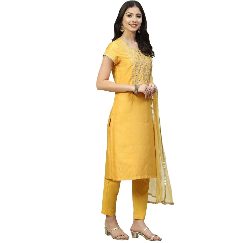 Biba Women Polycotton Printed Narrow Salwar Kurta Dupatta(Skdassorted8331_Mustard_38)