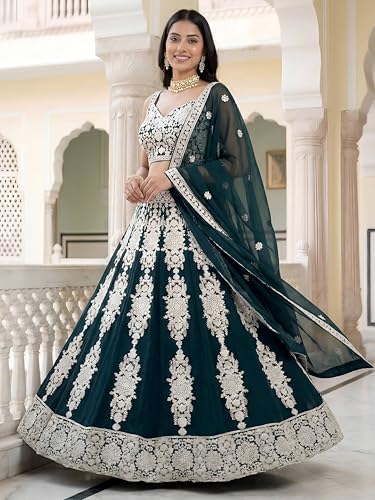 Zeel Clothing Women's Sequins Thread Embroidered Georgette Designer Lehenga Choli with Dupatta (5121-Green-Womens-Lehenga-Choli-Set; Free Size) (Green)