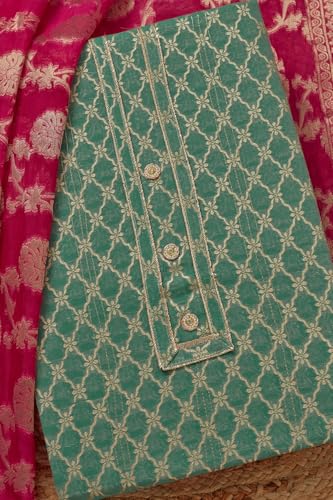 Soch Womens Teal Green Chanderi Zari Woven Unstitch Dress Material With Zari Woven