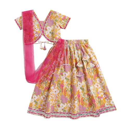 Hopscotch Girls Short Sleeves Yellow 3-Pc Floral Lehenga Set For Age (9-10 Years)