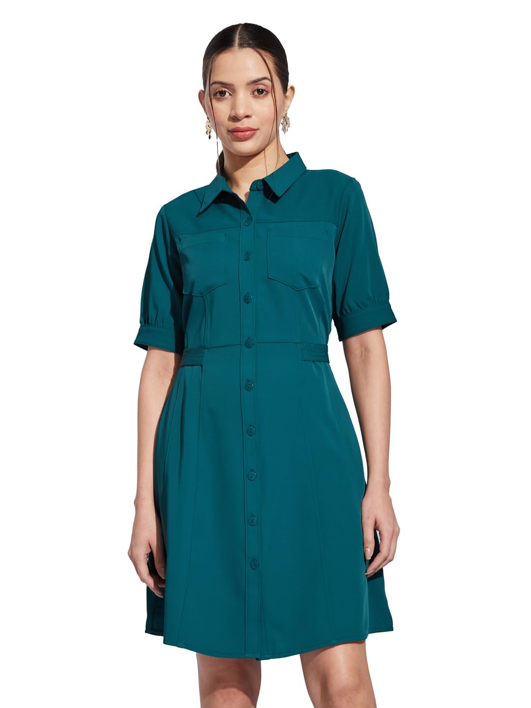 Latin Quarters Women Green Collared Half Sleeves Solid A-Line Shirt Dress for Casual Wear