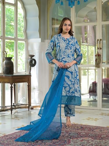 Divena Blue Rayon Floral Printed Kurta Pant with Dupatta