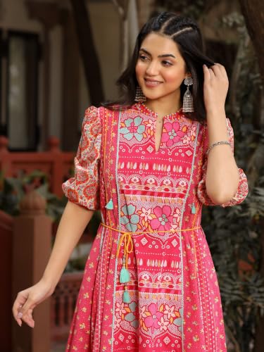 Juniper Pink Floral Printed Pure Cotton Dress & Doris with Beads Work