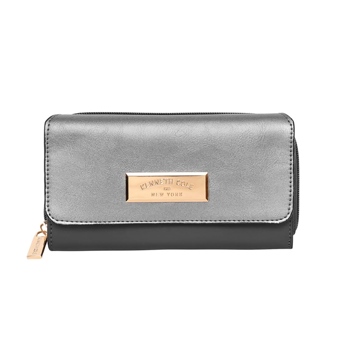KENNETH COLE Ladies Front Flap Wallet | Women's Tri-fold Clutch Organizer with a Wide 3-Quarter Opening Zip-Around Compartment | Premium PU Leather | Sturdy, Stylish & Secure, GUN METAL