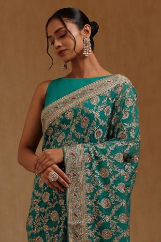 Soch Womens Turquoise Blue Georgette Embroidered Saree With Stone Work