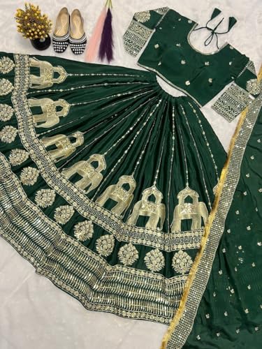 Artyfly Women Embroidered Chinon Silk Ethic Set with Dupatta Wedding and FestiveWear Traditional Outfit (Green)