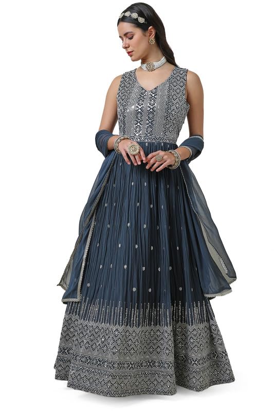 Soch Womens Grey Georgette V Neck Gown with Sequins