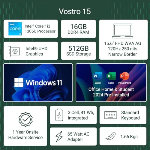 Dell 15, Intel Core i3 13th Gen -1305U, 16GB DDR4, 512GB SSD, FHD, 15.6"/39.6cm, Windows 11, Microsoft Office Home 2024, Carbon Grey, 1.66Kg, [Vostro 3530], Intel UHD Graphics, Thin & Light Laptop