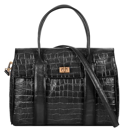 eske Noah Flap Handbag for Women Genuine Leather Satchel with Twist Lock Closure Dual Handles Detachable Sling Strap 1 Compartment Zipper and Slip Pockets Office Purse (Black)