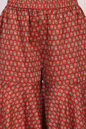 W for Woman Red Floral Printed Embroidered Straight Jacquard Kurta with Sharara and Dupatta Set (WS13290-126813-M)