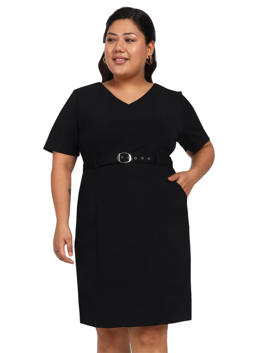 wild U Women Plus Size Western Dress | Stretchable | Pocket | Stylish | with Belt | Formal Office Wear (Black, Size : 6XL)
