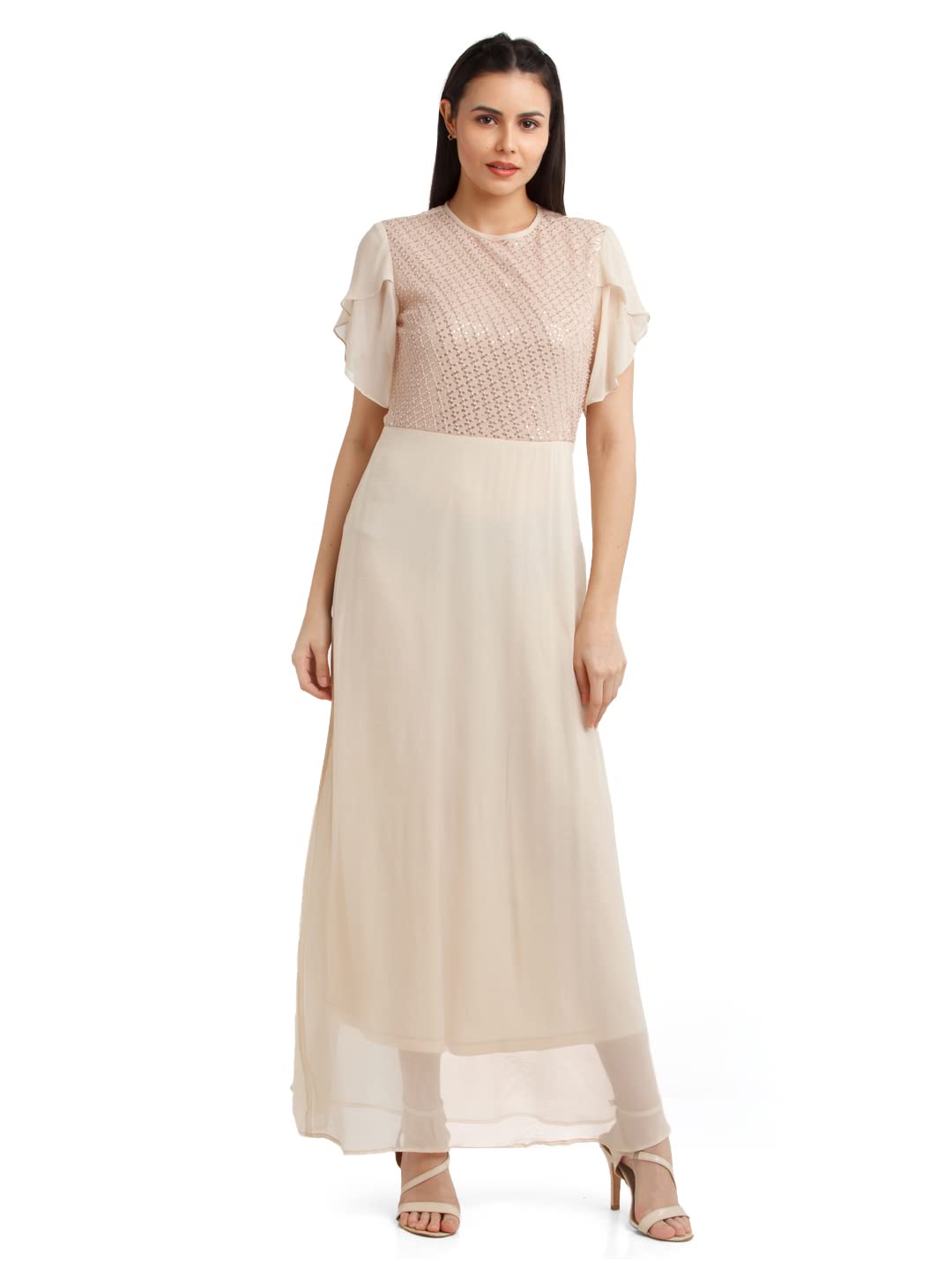 Zink London Women's Beige Embellished Flared Sleeve Maxi Dress