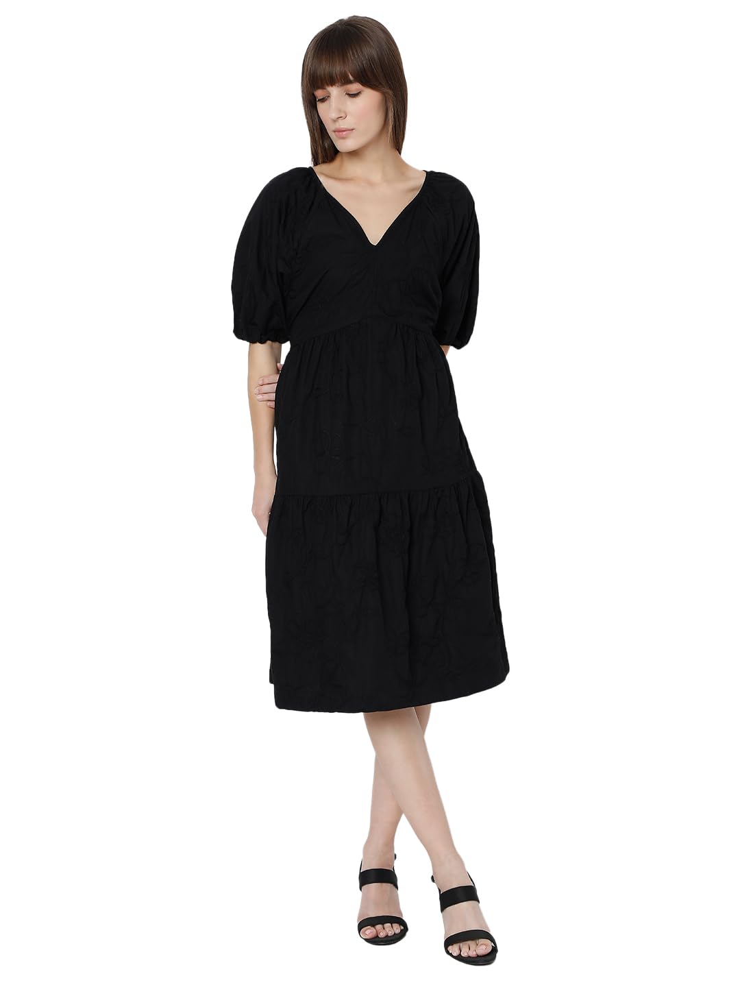 Vero Moda Women's Cotton Blend Fit and Flare Knee-Length Dress (9010103-Jet Black_Jet